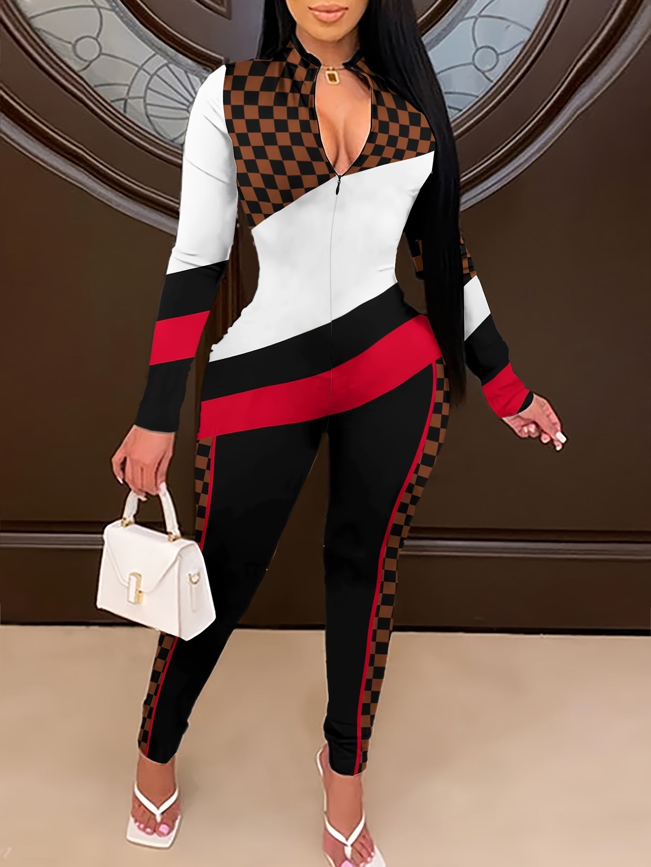 Trendy Color Block Zip-Up Long Sleeve Skinny Jumpsuit - Women's Street Style Clothing for Spring & Fall - Comfortable, Versatile, and Chic Fashion Essential